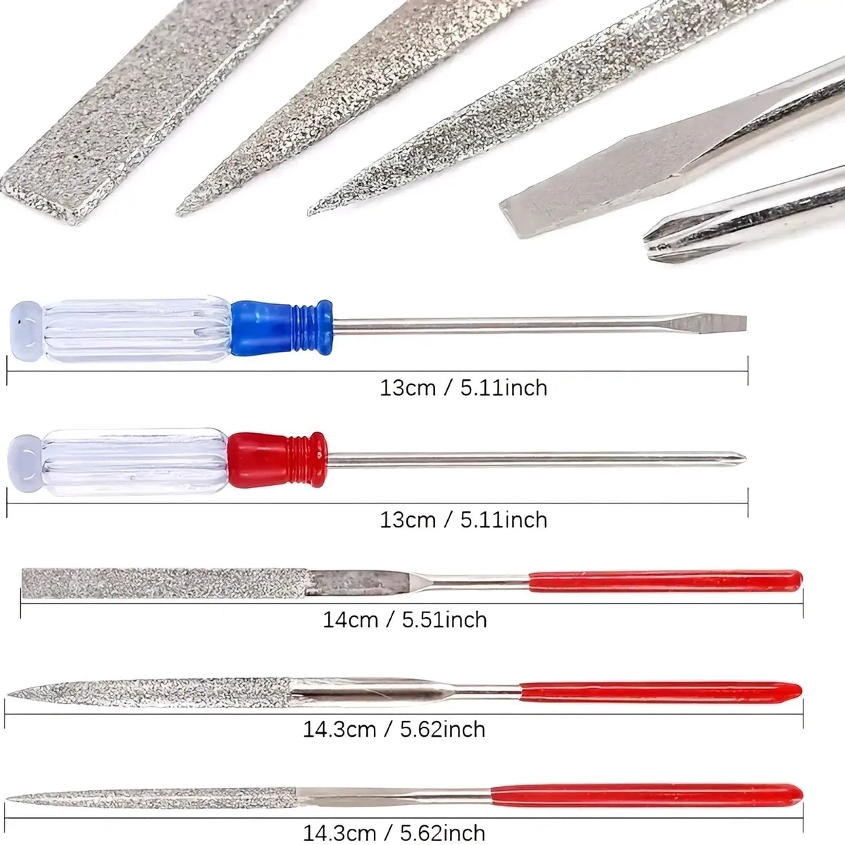 Set of six precision metal files and screwdrivers with red blue and clear textured handles for hobby craft assembly