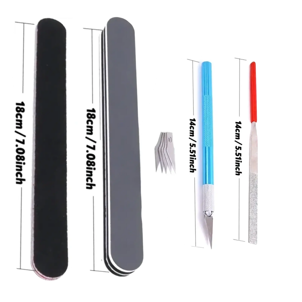 Model tool set for hobby craft assembly with three black and gray nail files, blue-handled craft knife, and red metal file