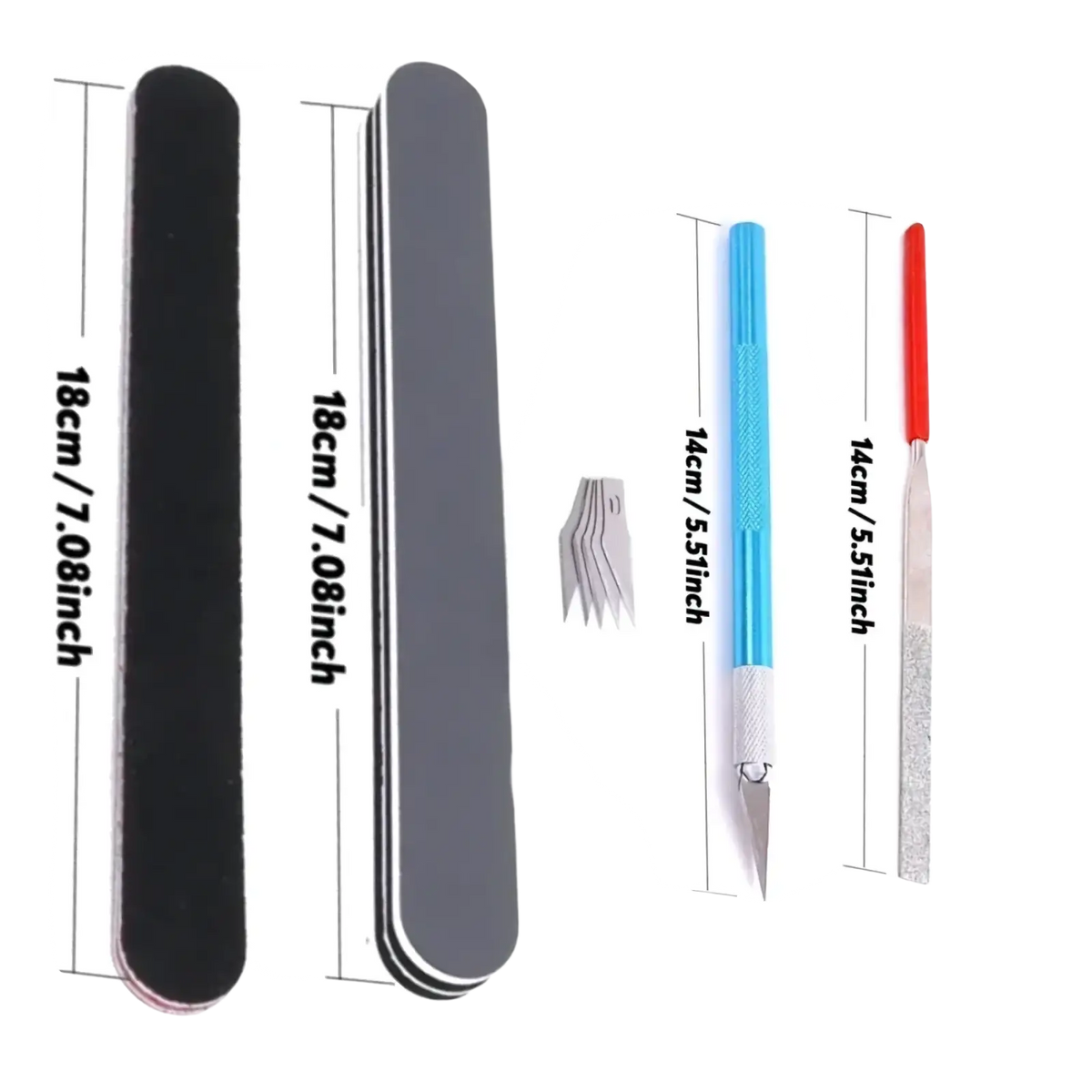 Model tool set for hobby craft assembly with three black and gray nail files, blue-handled craft knife, and red metal file