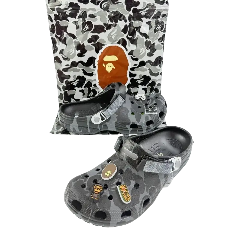 Gray camouflage-patterned crocs clog with silver strap and charms designed as anti slip beach sandals for model toys gifts