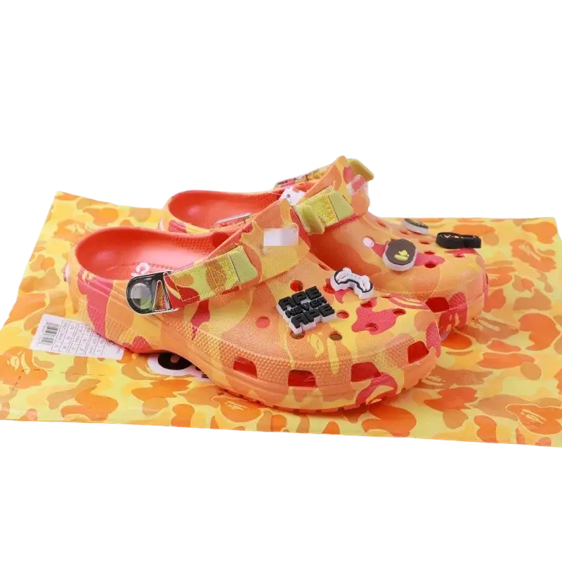 Orange and yellow camouflage crocs clogs with colorful charms model toys gifts anti slip beach shoes