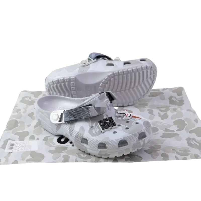 White and gray camouflage crocs clogs with silver buckle strap and black bape logo charms for model toys gifts beach use