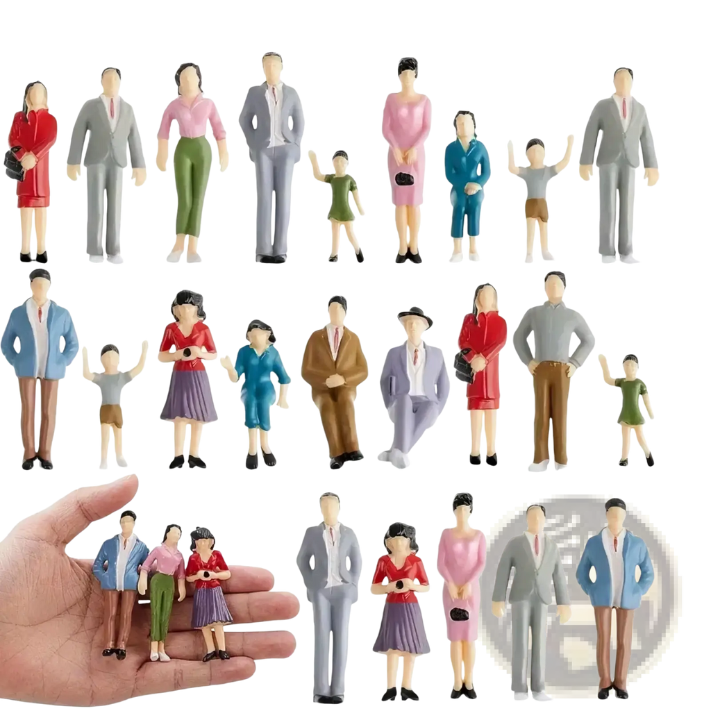 Set of 10 painted plastic miniature model train sitting passengers figurines in various outfits and poses including adults and children