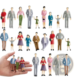 Set of 10 painted plastic miniature model train sitting passengers figurines in various outfits and poses including adults and children
