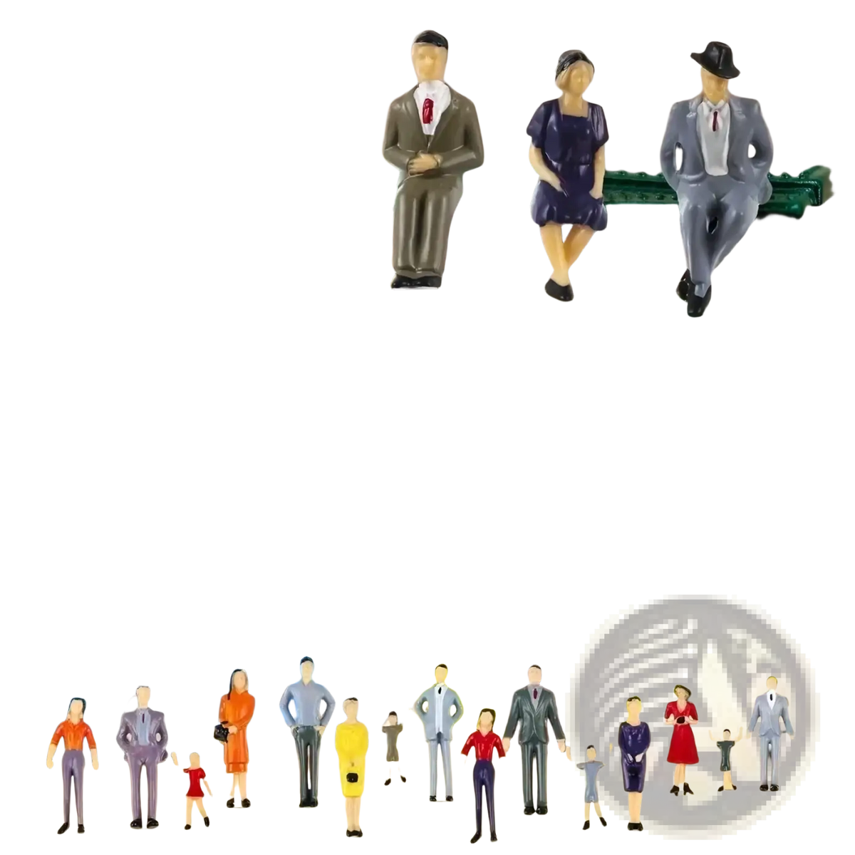 Model train sitting passengers painted dolls miniature plastic figures in formal attire on green train car and near blue bus
