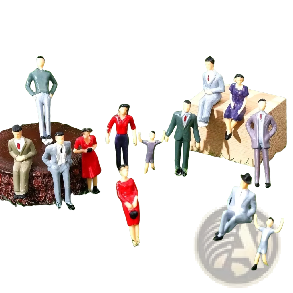 A collection of painted miniature plastic model train sitting passengers in formal and casual attire on artificial grass