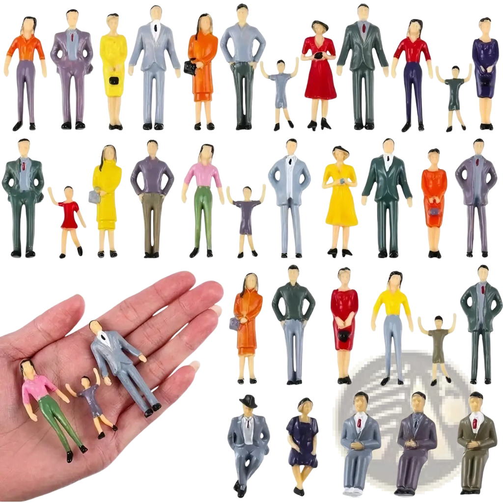A collection of painted plastic model train sitting passengers miniature figures in various outfits and poses