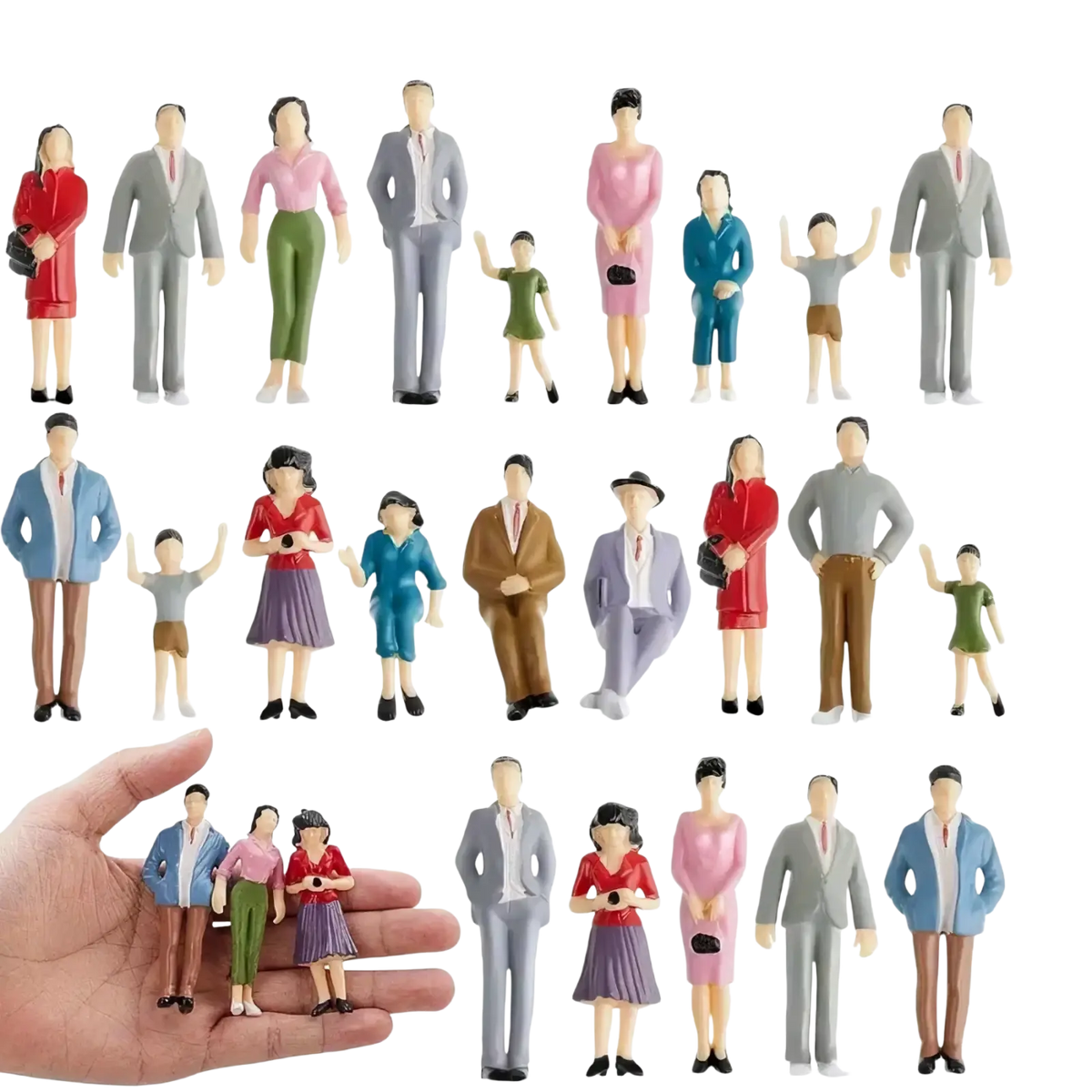 Set of 10 painted plastic miniature model train sitting passengers figurines in various outfits and poses including adults and children