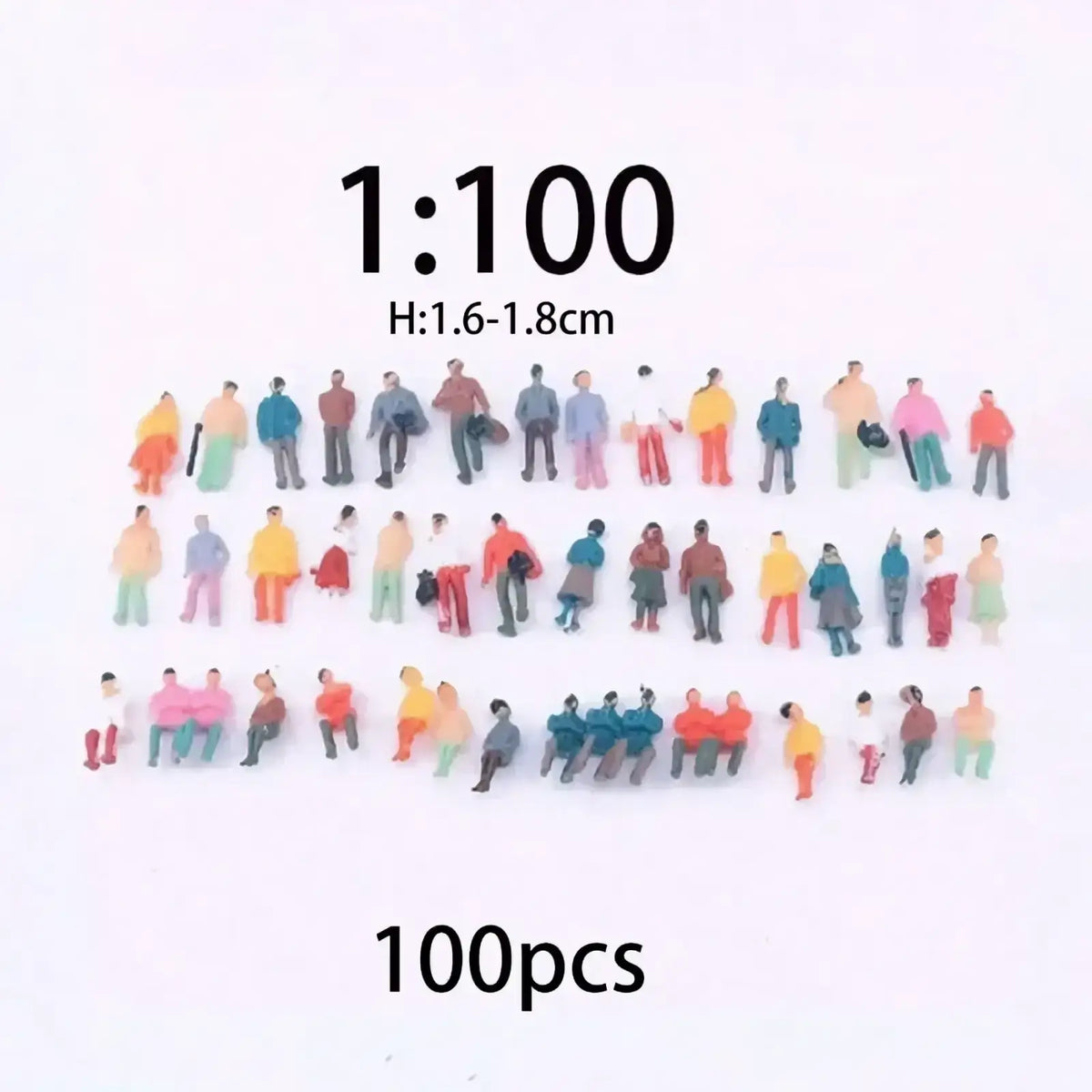 A set of 100 colorful painted plastic model train sitting passengers miniature figures scaled 1:100 for model trains