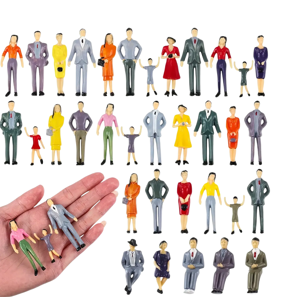 A set of 15 painted miniature plastic model train sitting passengers in various outfits and poses at 1 30 scale