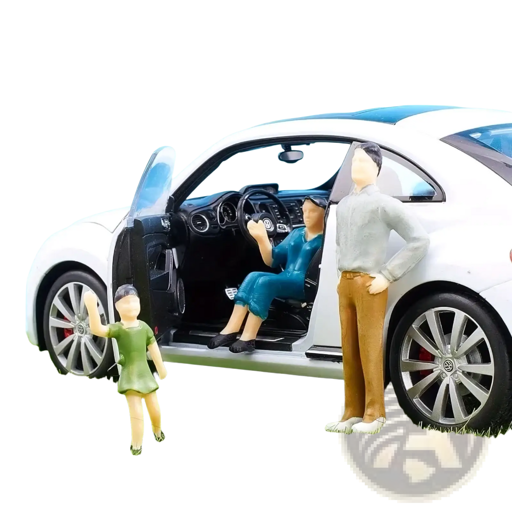 White volkswagen beetle model car with open door showing detailed interior included with painted miniature figures