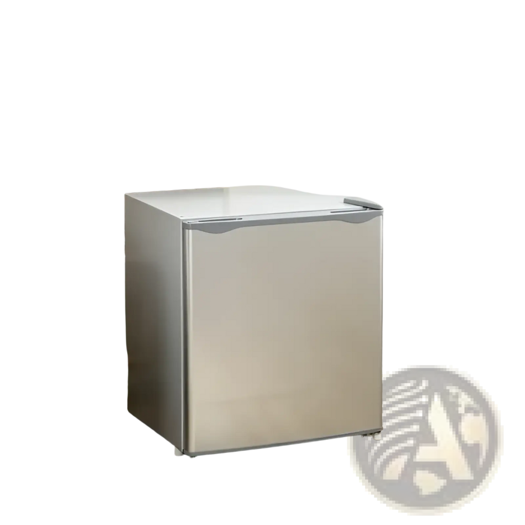 Silver stainless steel modern 1.1 cu.ft compact beauty and skincare freezer with sleek design and rounded handle