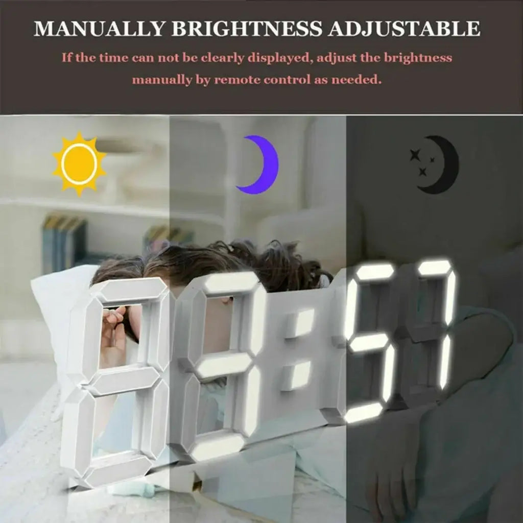 Modern white 3d led digital wall clock with 24 hour display and manually adjustable brightness for day night and moon phases