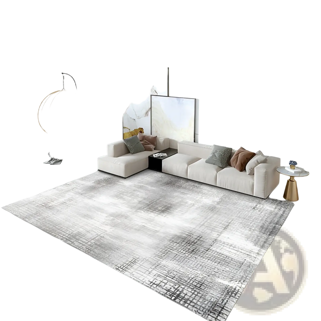 A modern rectangular area rug with subtle gray and white abstract pattern made of crystal velvet for living rooms