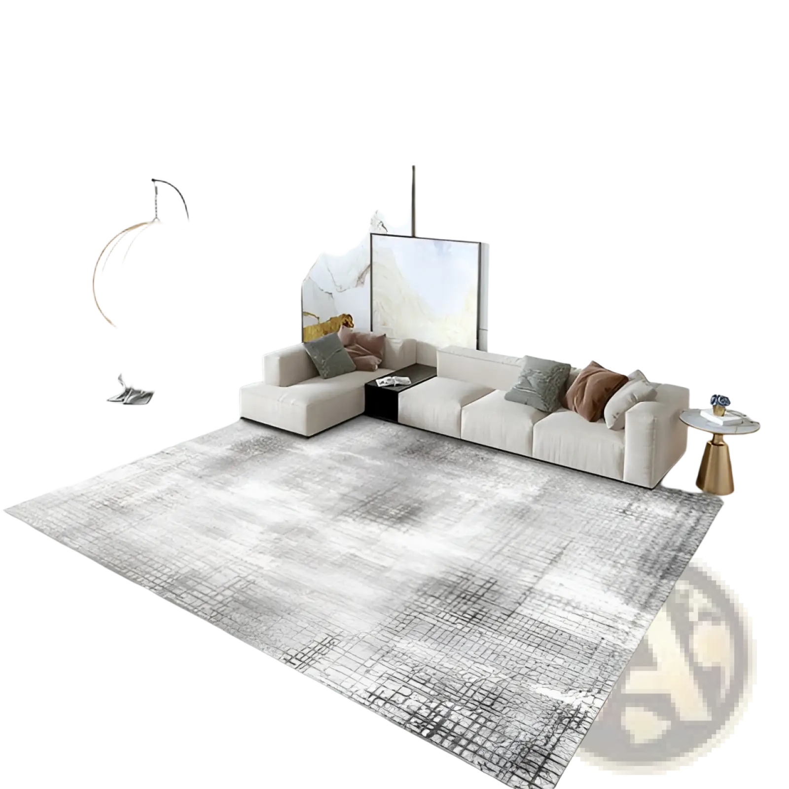 A modern rectangular area rug with subtle gray and white abstract pattern made of crystal velvet for living rooms