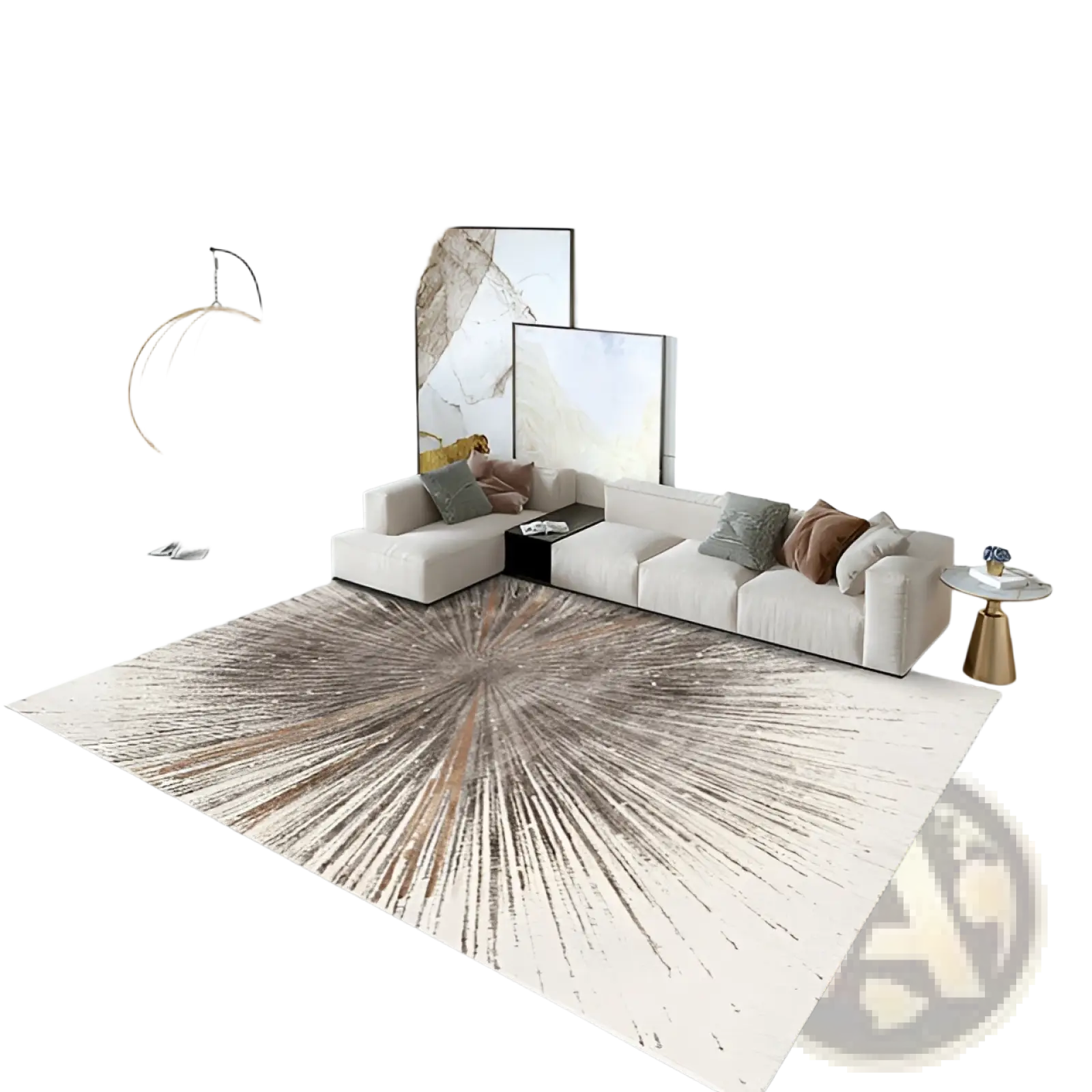 Modern abstract crystal velvet living room area rug with a beige and brown sunburst radial pattern design