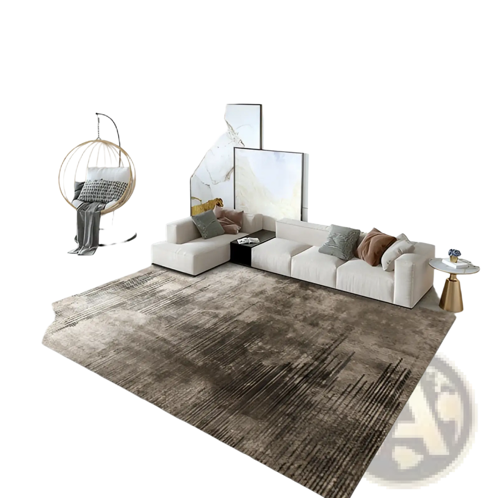 A modern abstract crystal velvet living room area rug with a textured gradient brown and beige rectangular pattern