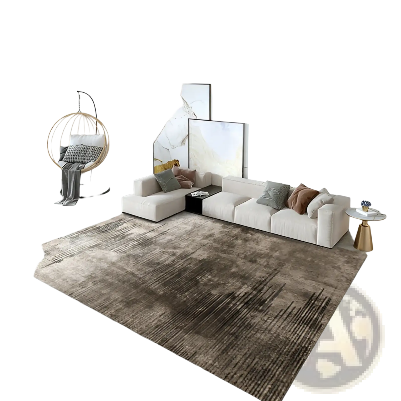 A modern abstract crystal velvet living room area rug with a textured gradient brown and beige rectangular pattern