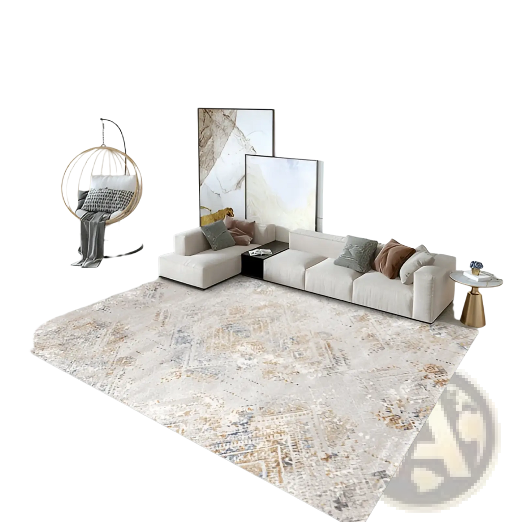 Beige and taupe modern abstract crystal velvet area rug with textured vintage-inspired design for living room use