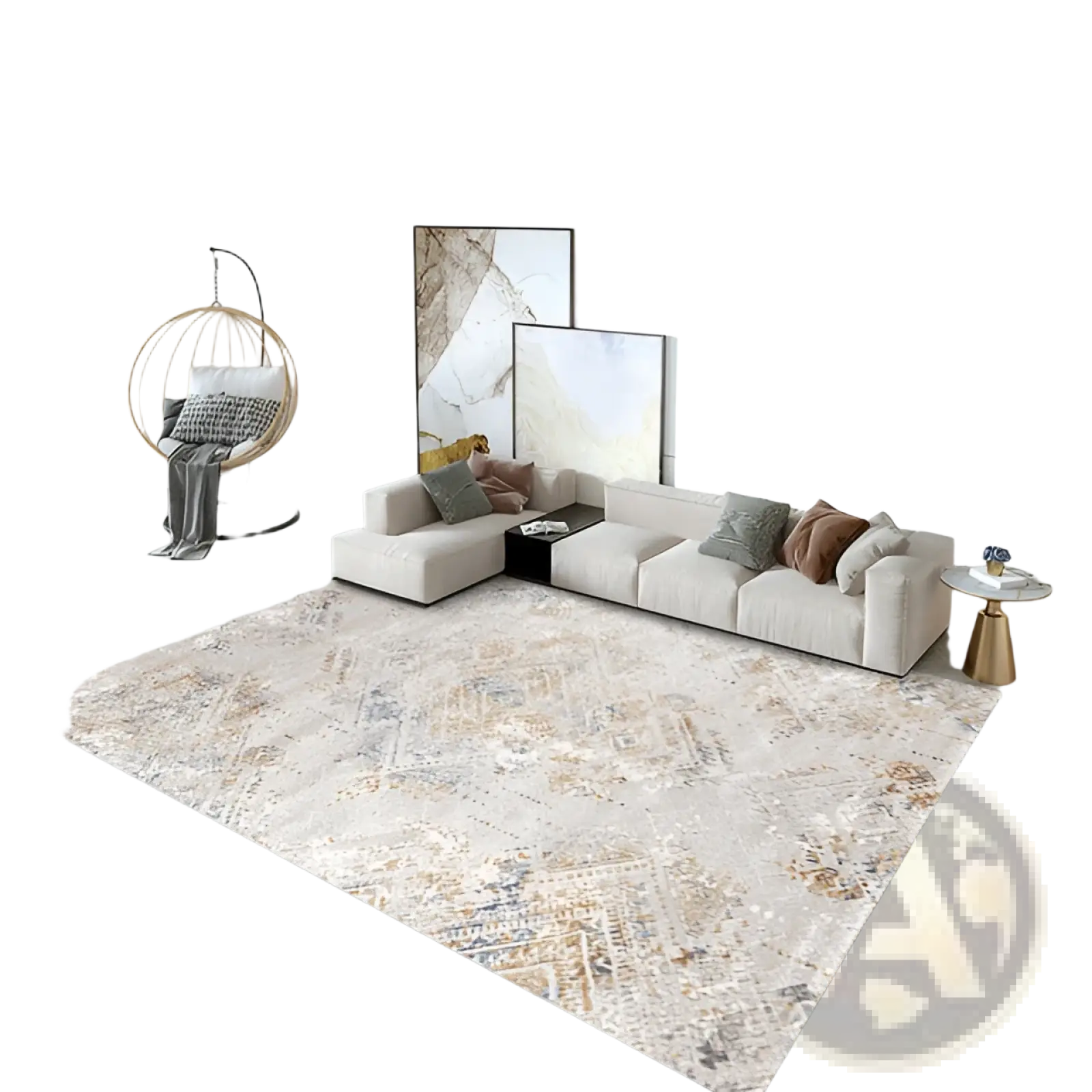 Beige and taupe modern abstract crystal velvet area rug with textured vintage-inspired design for living room use