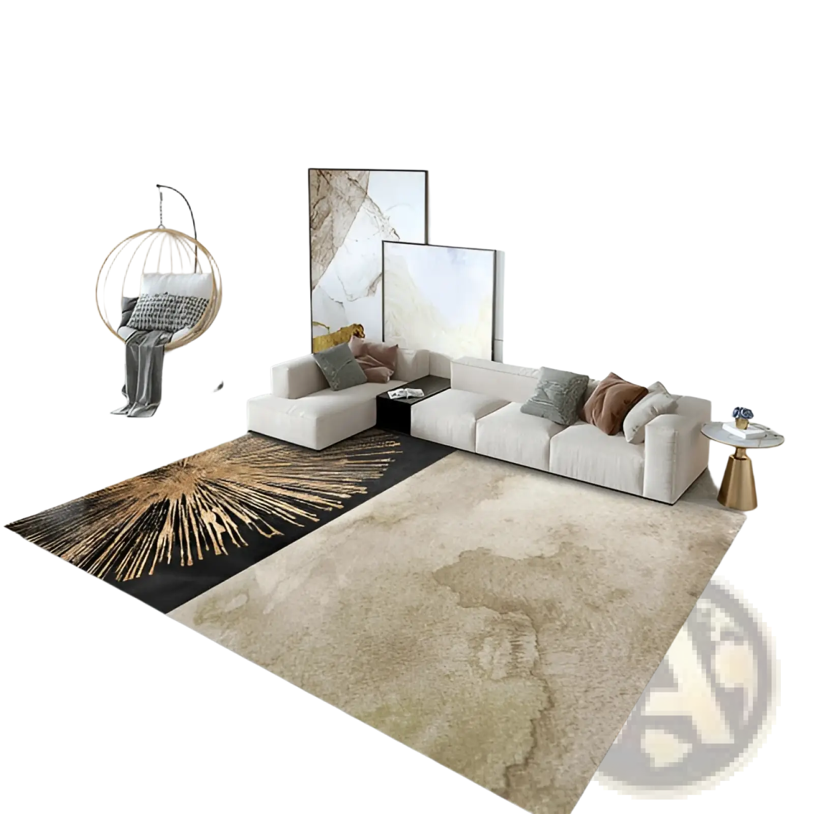 Modern abstract crystal velvet living room area rug with a beige and black sunburst design on one end