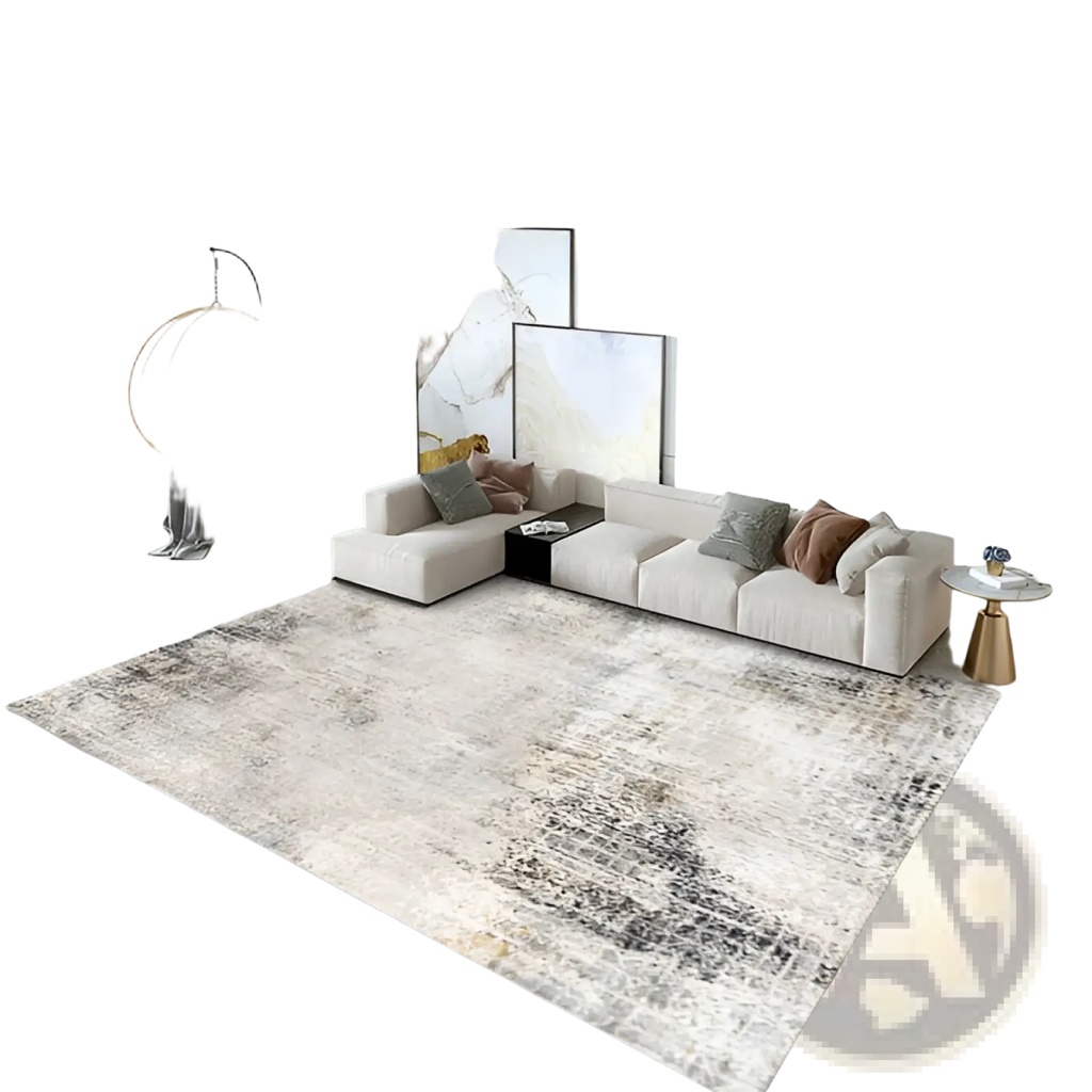 Beige and gray modern abstract crystal velvet living room area rug with textured distressed finish and velvet material