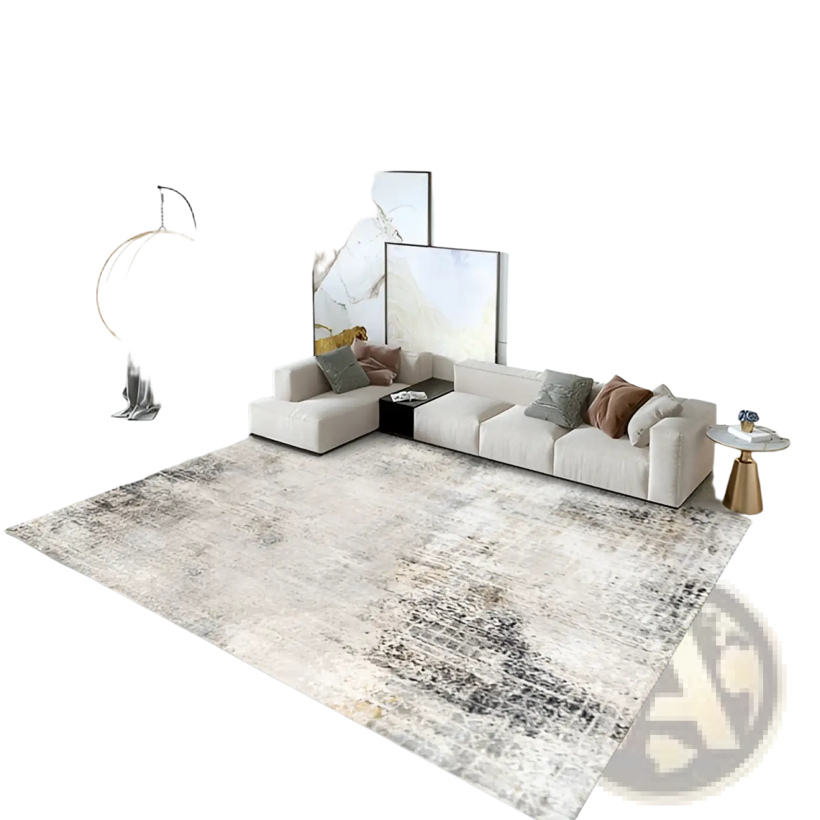 Beige and gray modern abstract crystal velvet living room area rug with textured distressed finish and velvet material