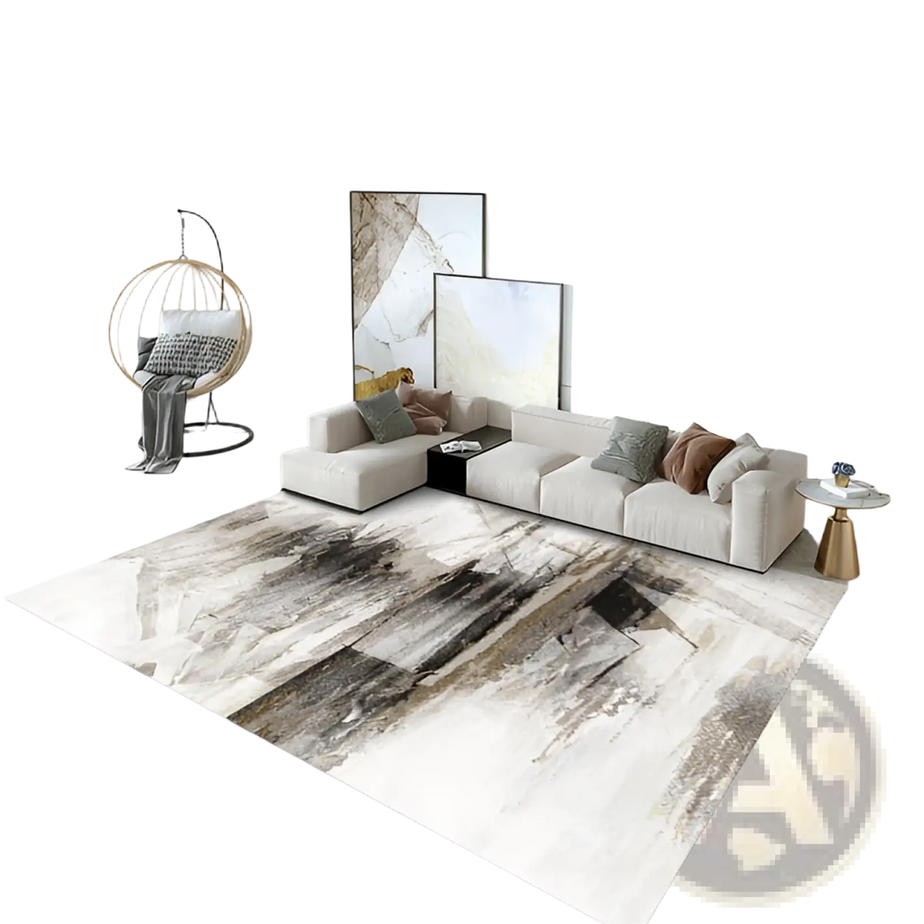 Modern abstract crystal velvet living room area rug with bold black gray and beige brushstroke patterns on soft texture