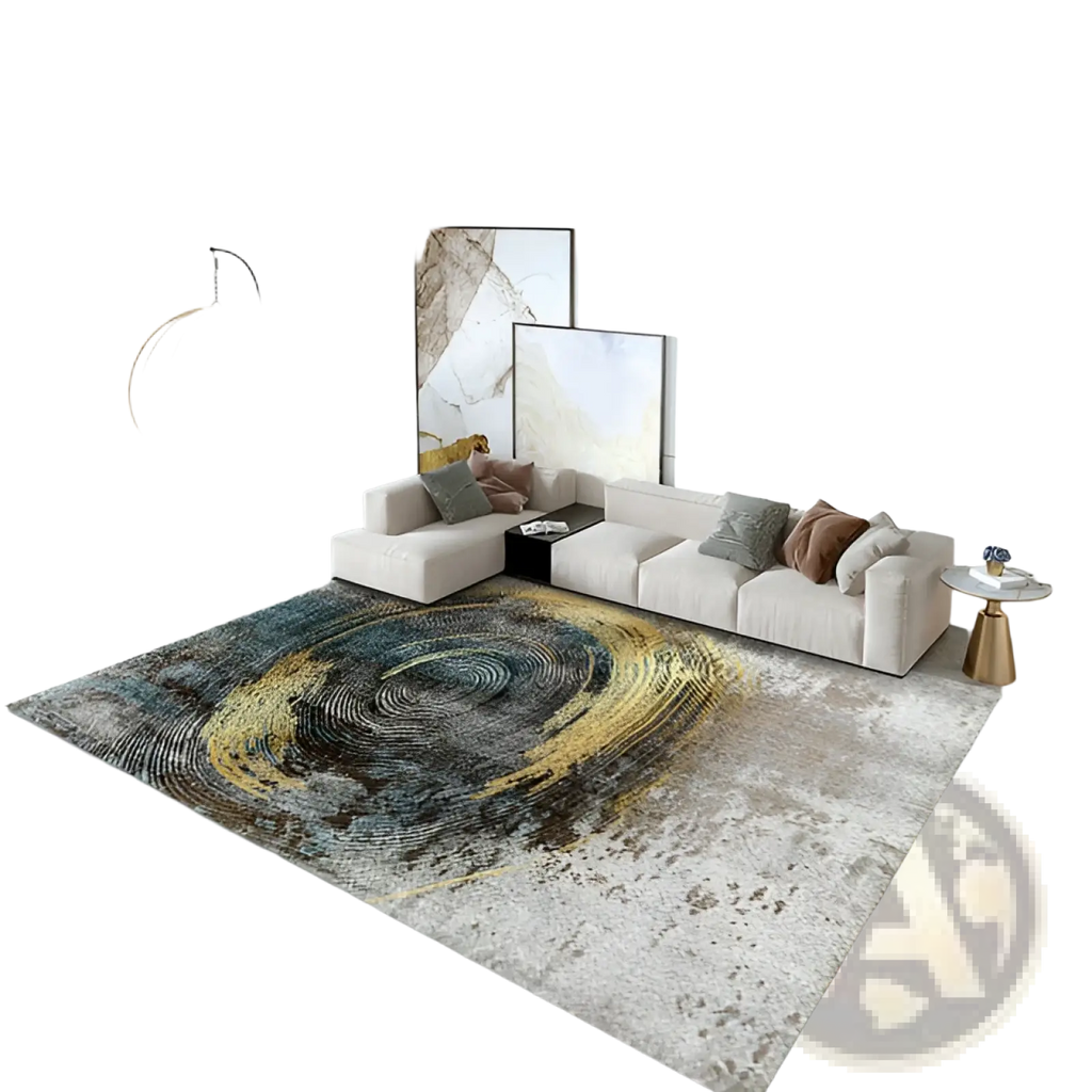 Modern abstract crystal velvet living room area rug with concentric circular patterns in gold black and gray shades