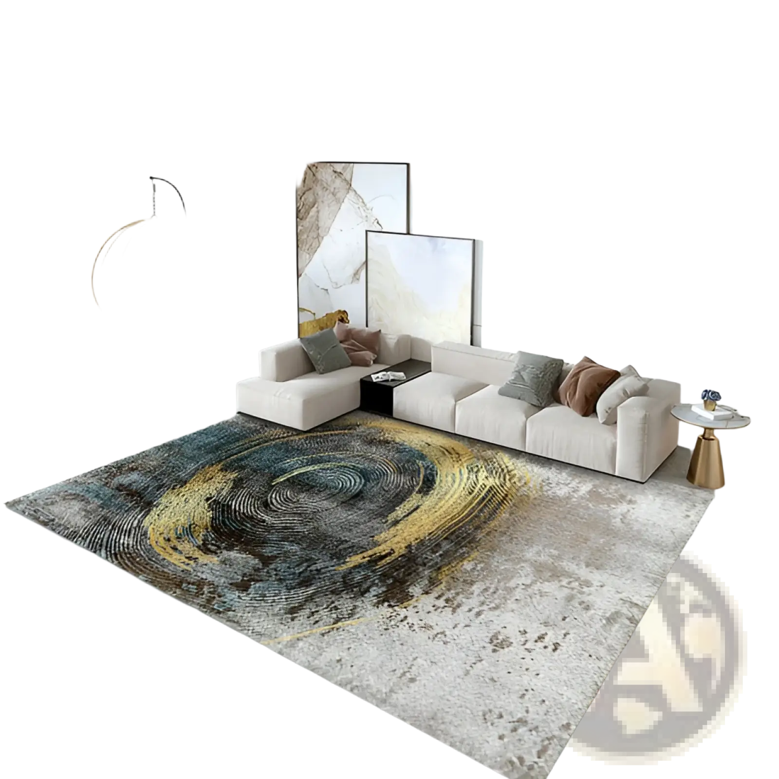 Modern abstract crystal velvet living room area rug with concentric circular patterns in gold black and gray shades