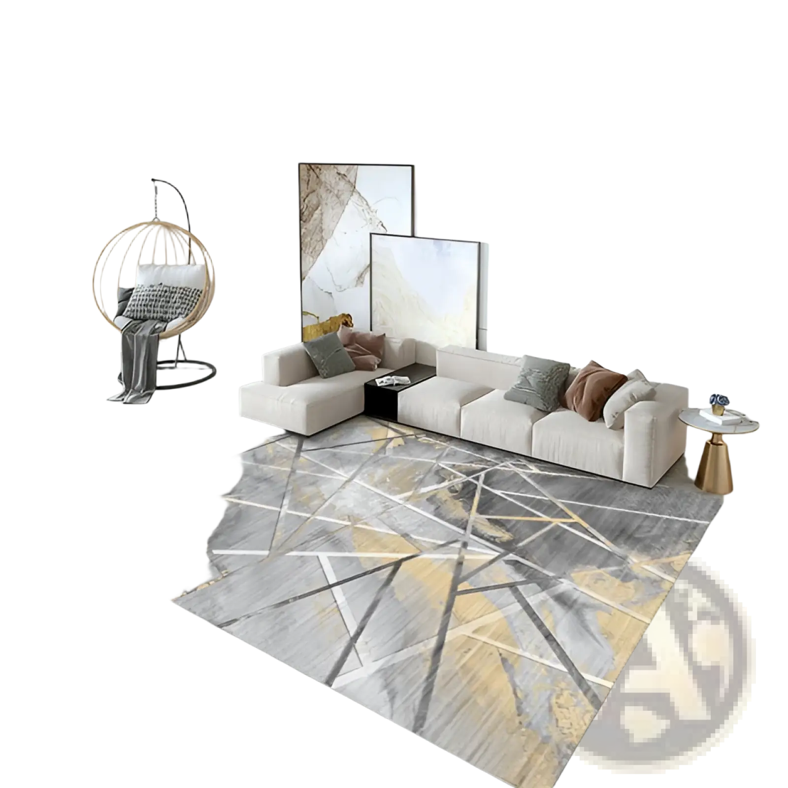 Modern abstract crystal velvet living room area rug with geometric intersecting lines in gray silver and gold tones