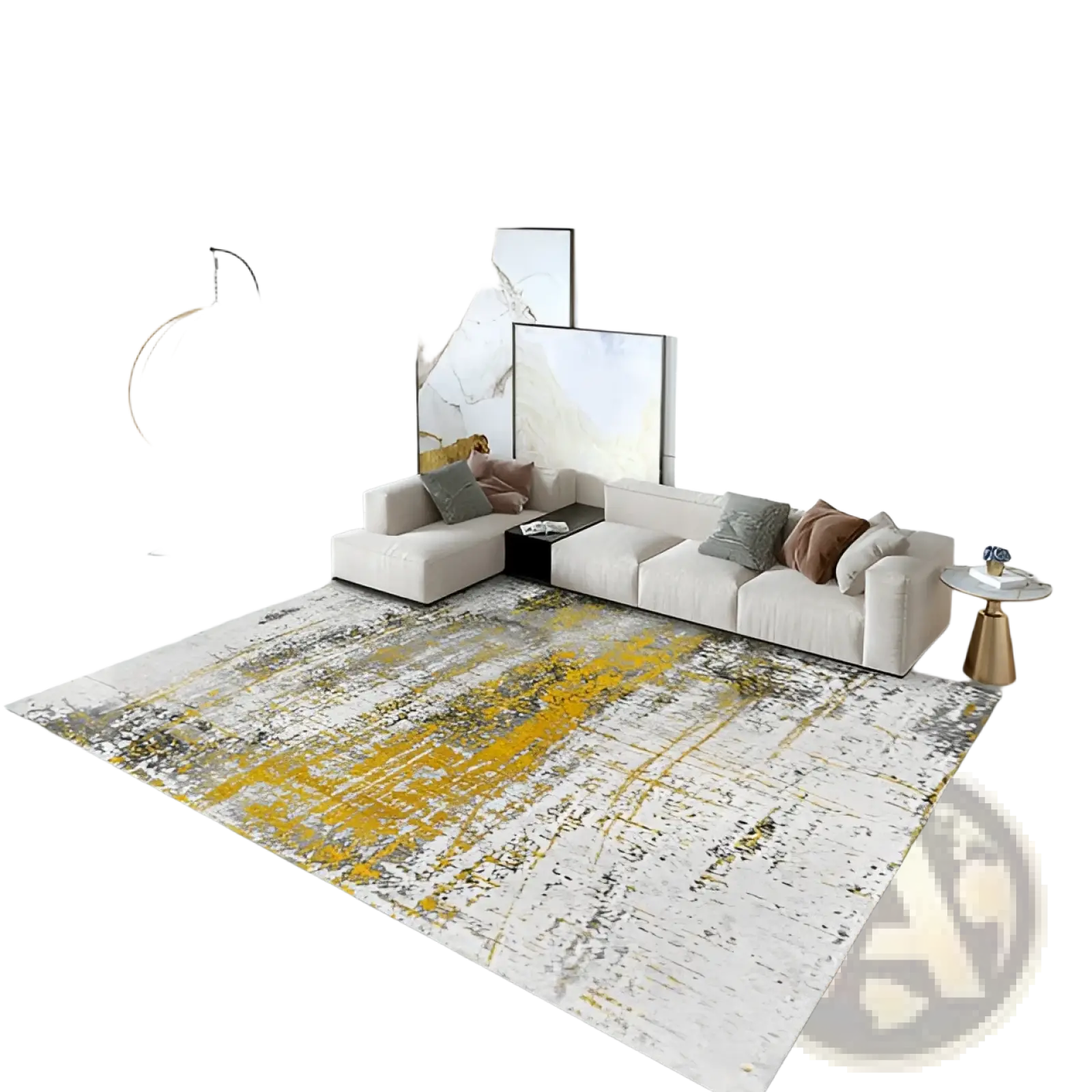 Modern abstract crystal velvet living room area rug with a textured distressed look in white yellow and gray tones