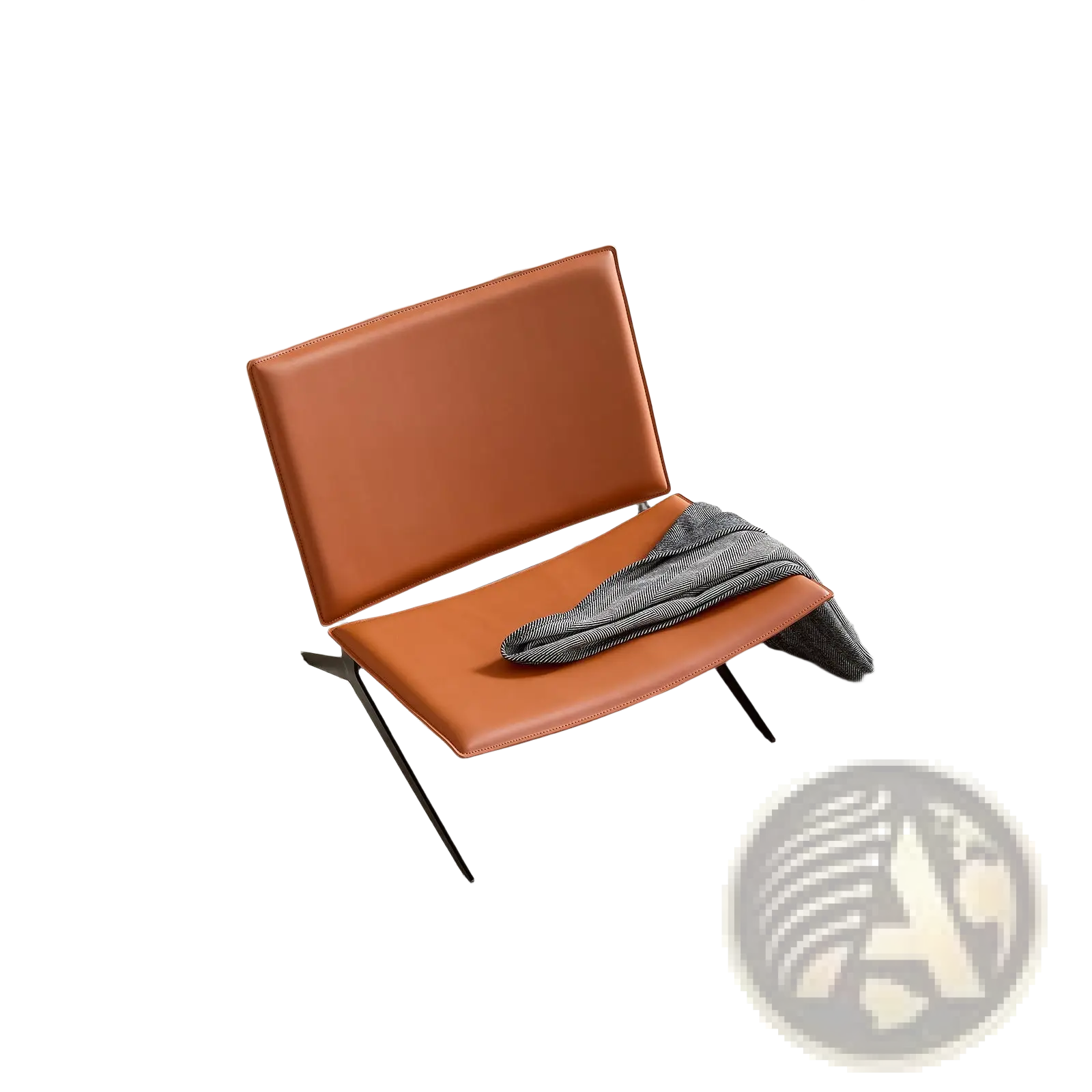 Modern accent chair in orange saddle leather with sleek black metal legs for stylish lounge seating