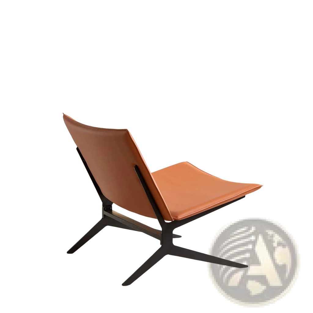 A modern accent chair with tan orange saddle leather seating and a black metal frame for stylish lounge use