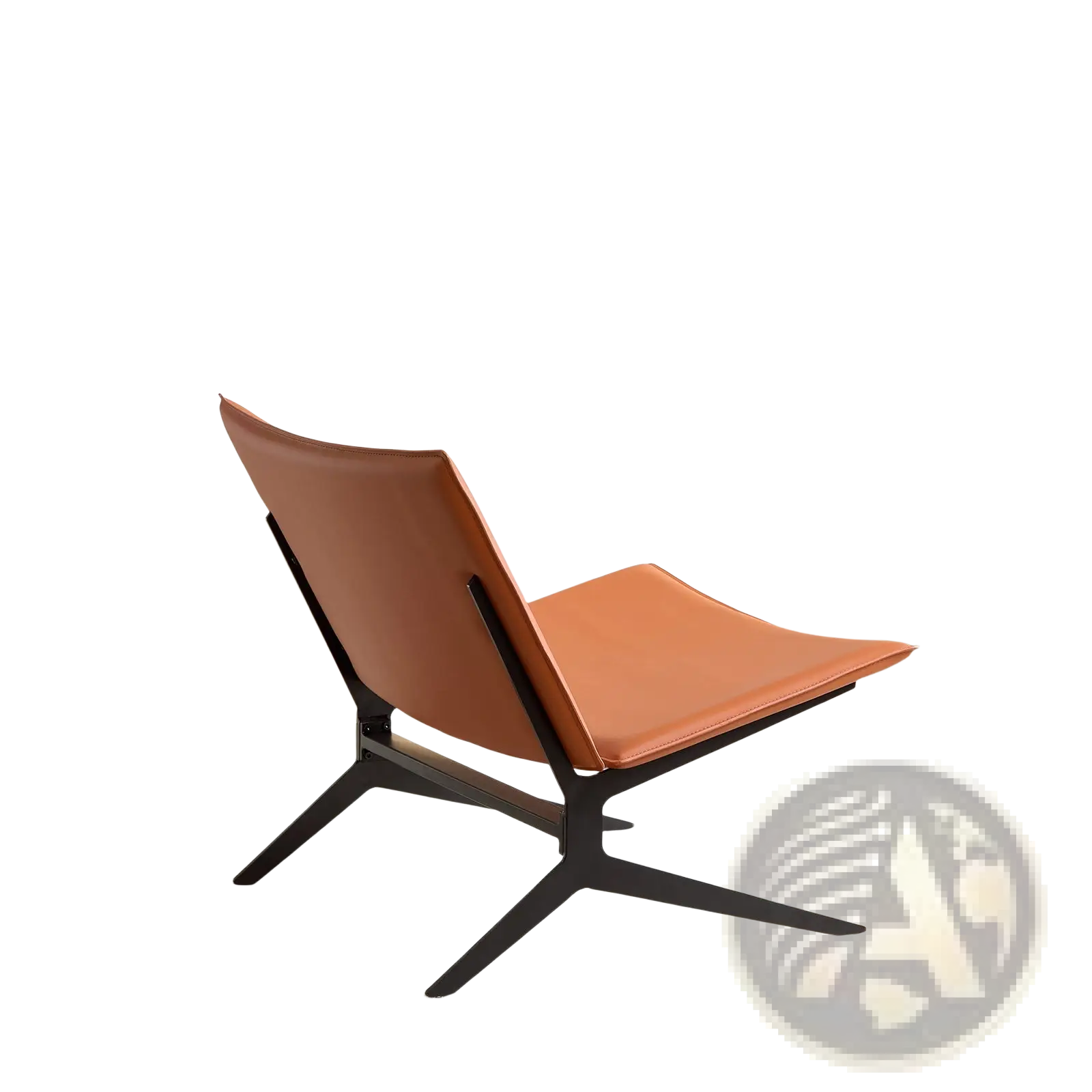 A modern accent chair with tan orange saddle leather seating and a black metal frame for stylish lounge use