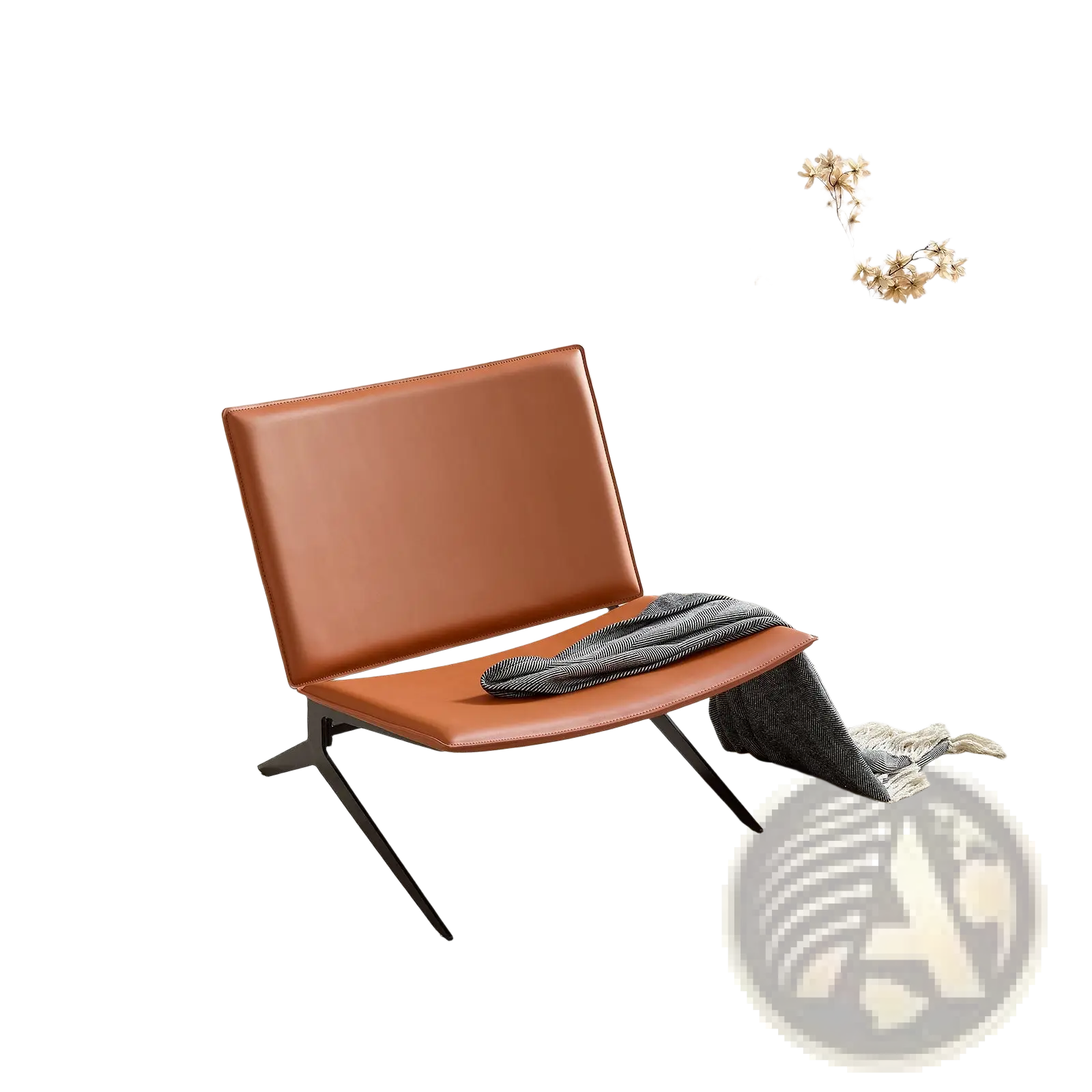 Modern accent chair in orange saddle tan leather with black metal legs designed for stylish lounge seating