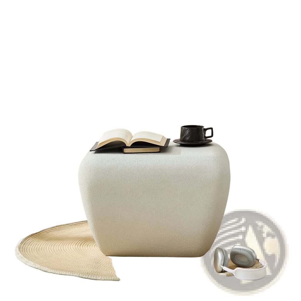 Modern accent coffee table featuring a cream-colored textured ottoman with a rounded square shape
