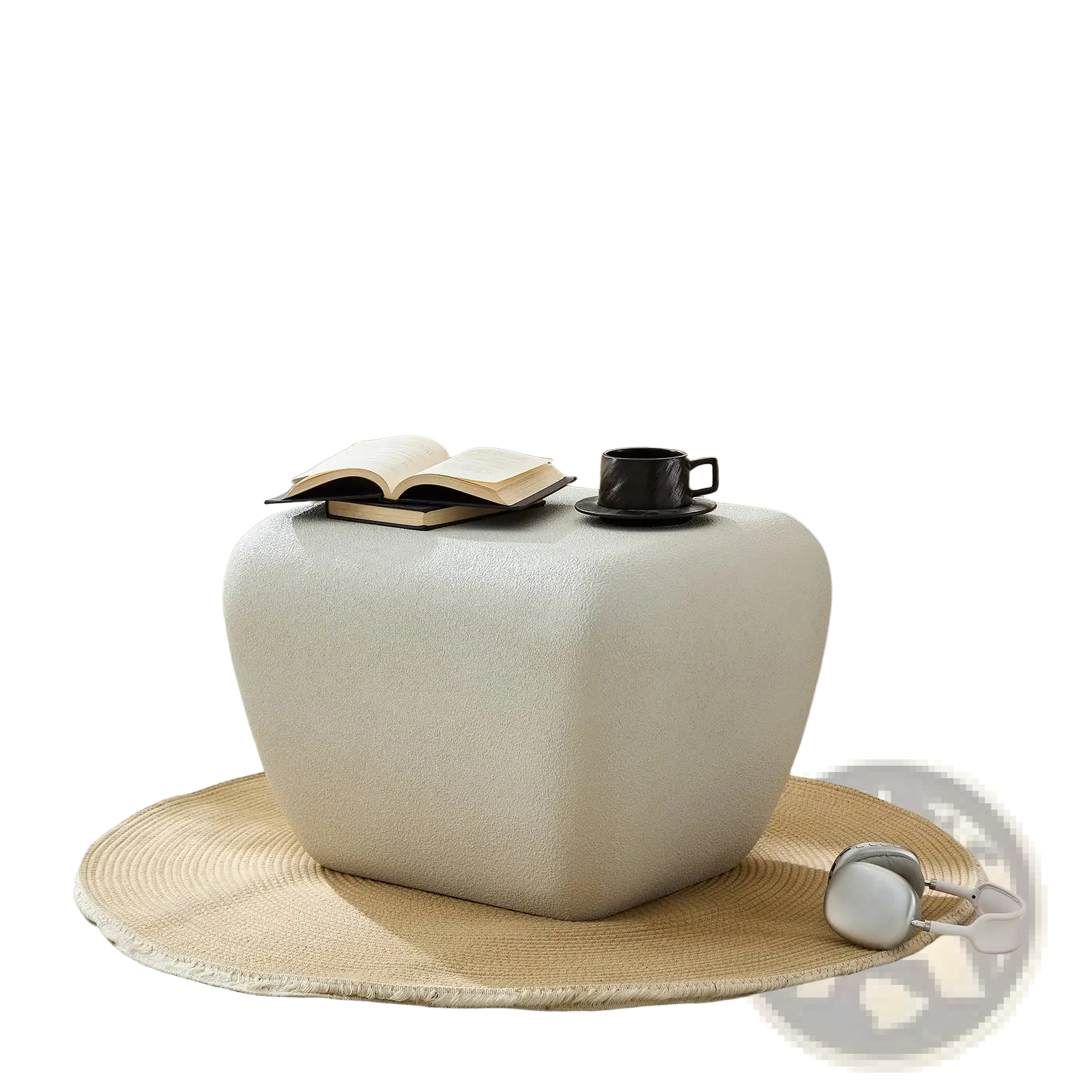 Cream-colored textured fabric ottoman with rounded edges and modern minimalist design as an accent coffee table