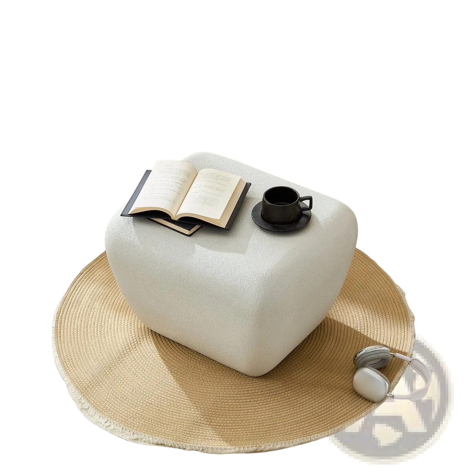 Cream-colored upholstered cube ottoman with soft textured fabric finish used as modern accent coffee table side table