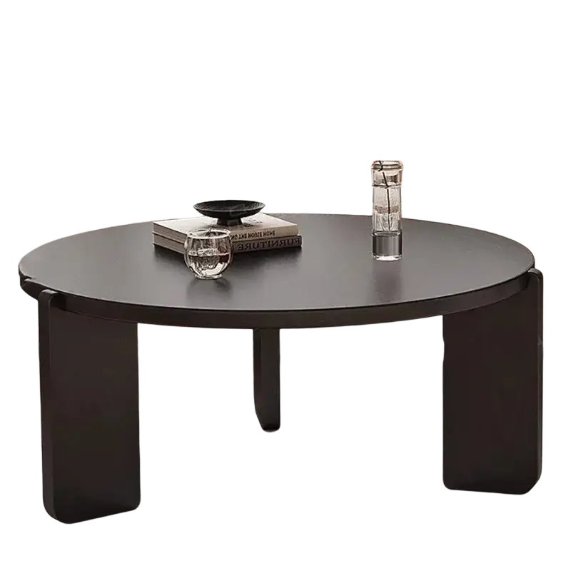 Modern black round coffee table with sleek minimalist legs and smooth matte finish highlighting product selling points