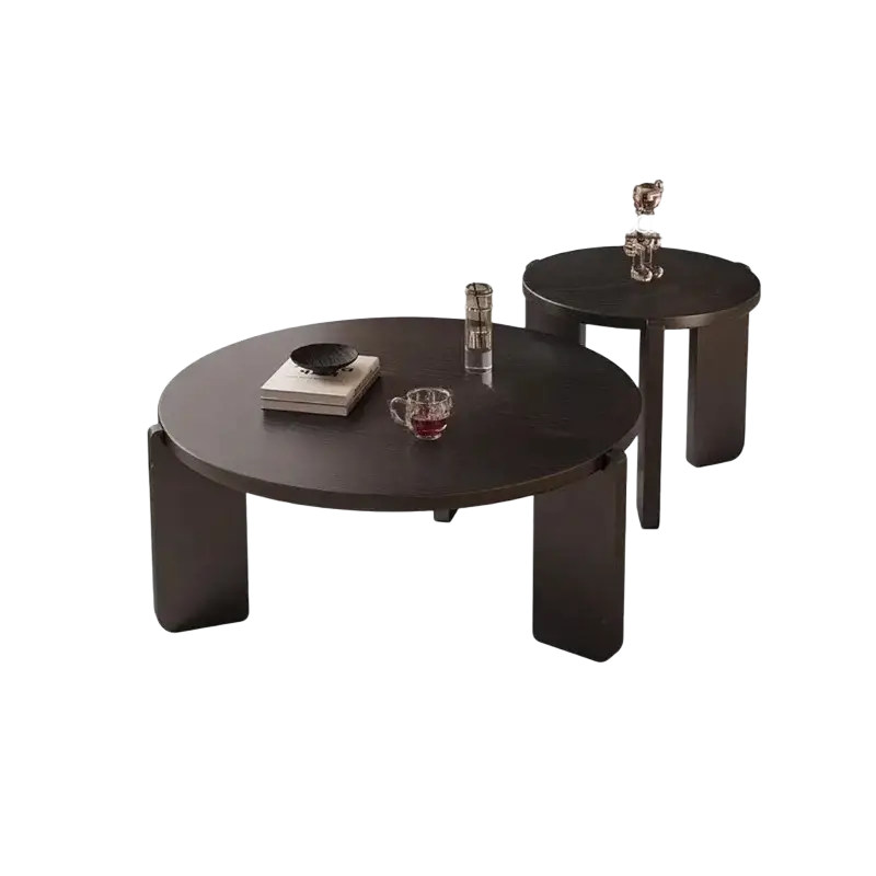 Modern black round coffee table with sleek minimalist legs and smooth surface showcasing key product selling points