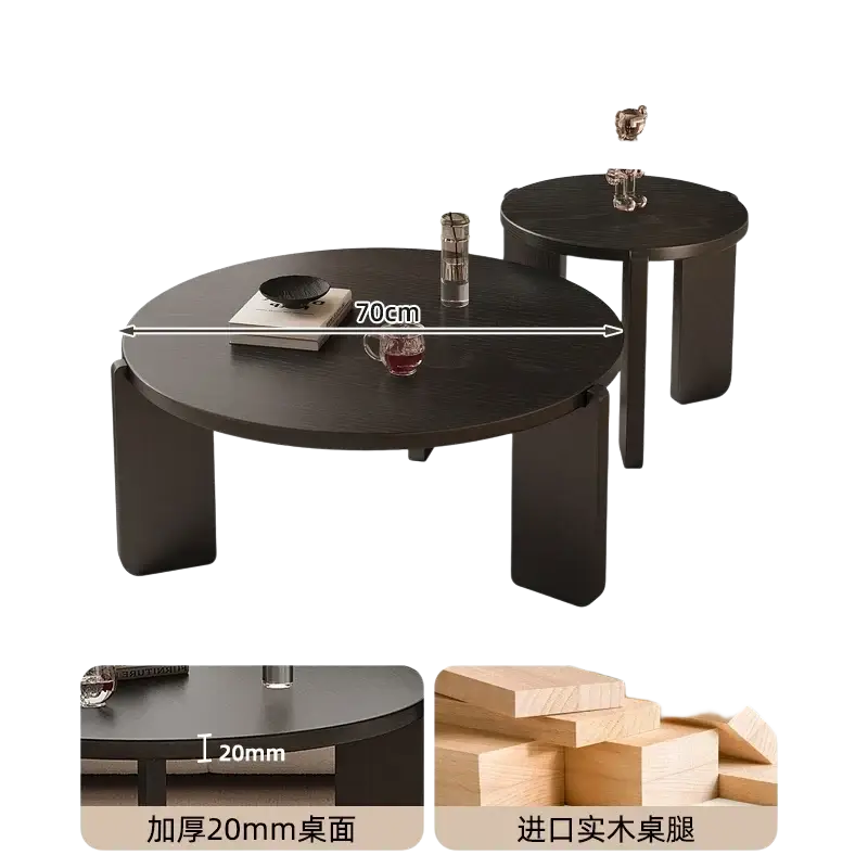 Set of two modern black round coffee tables with thick 20mm wooden tops and solid imported wood legs for product selling