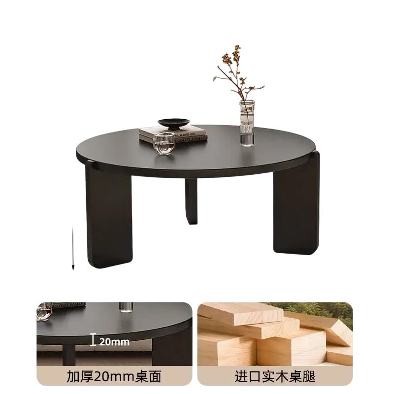 Modern black round coffee table with a 70cm diameter, 38cm height, and thick 20mm solid wood legs for stylish product selling