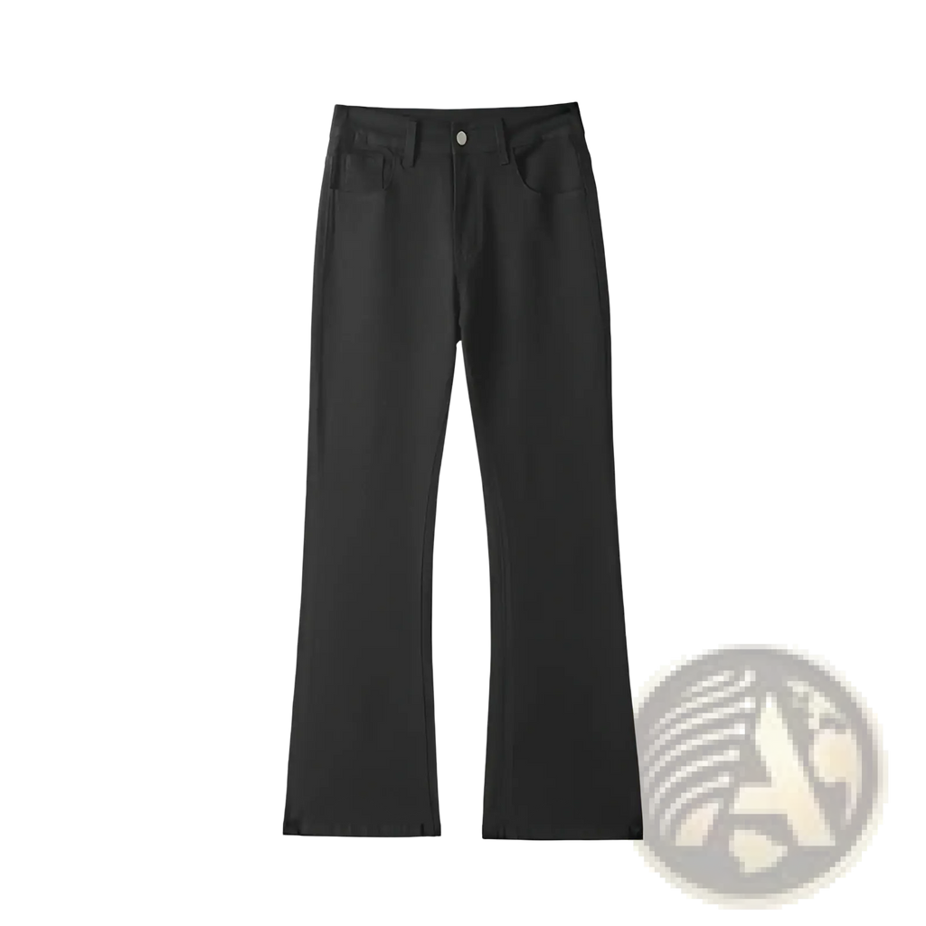 Modern black straight leg bootcut denim jeans featuring high-waisted flared fit with subtle stitching details
