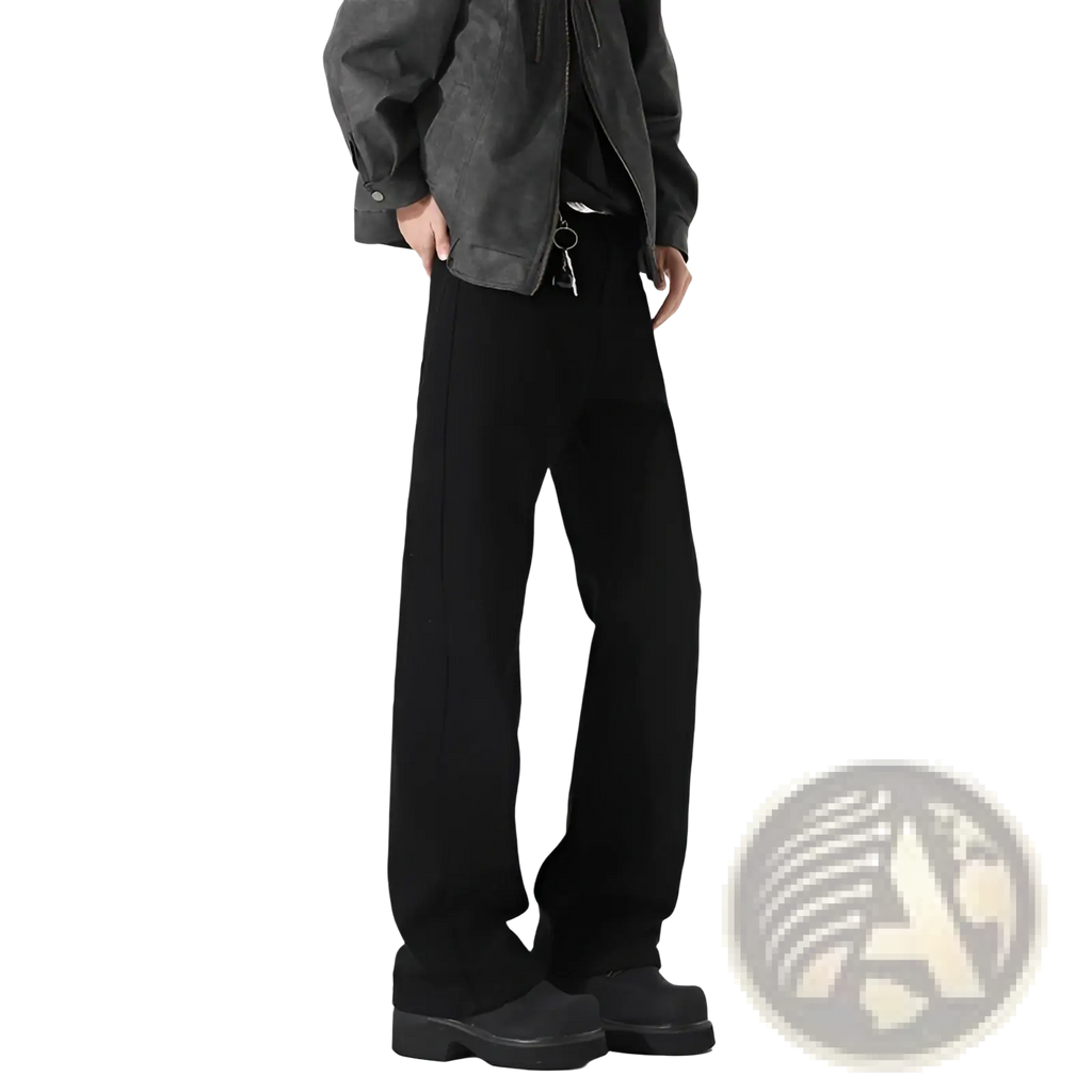 Modern black straight leg bootcut denim jeans featuring black wide-leg trousers with straight cut and subtle side seam detailing