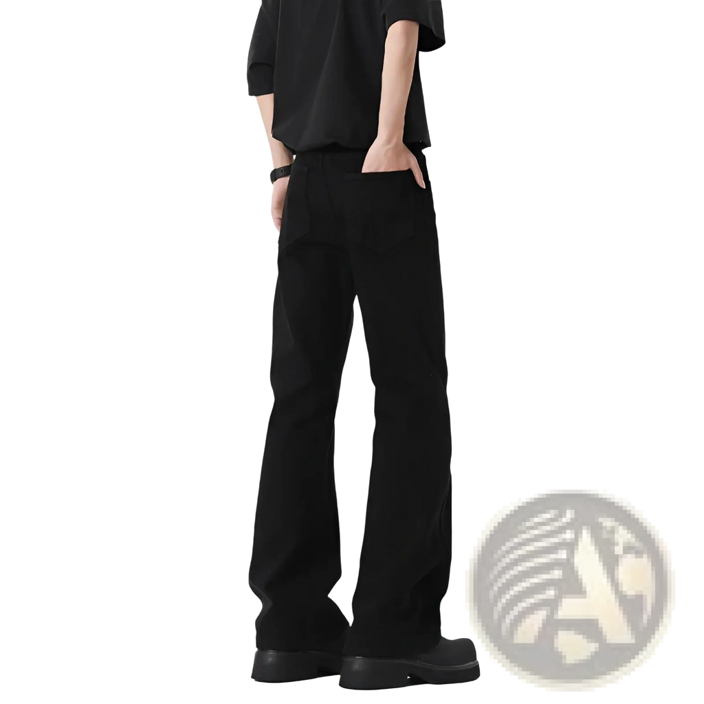 Modern black straight leg bootcut denim jeans featuring a wide-leg design with subtle stitching details