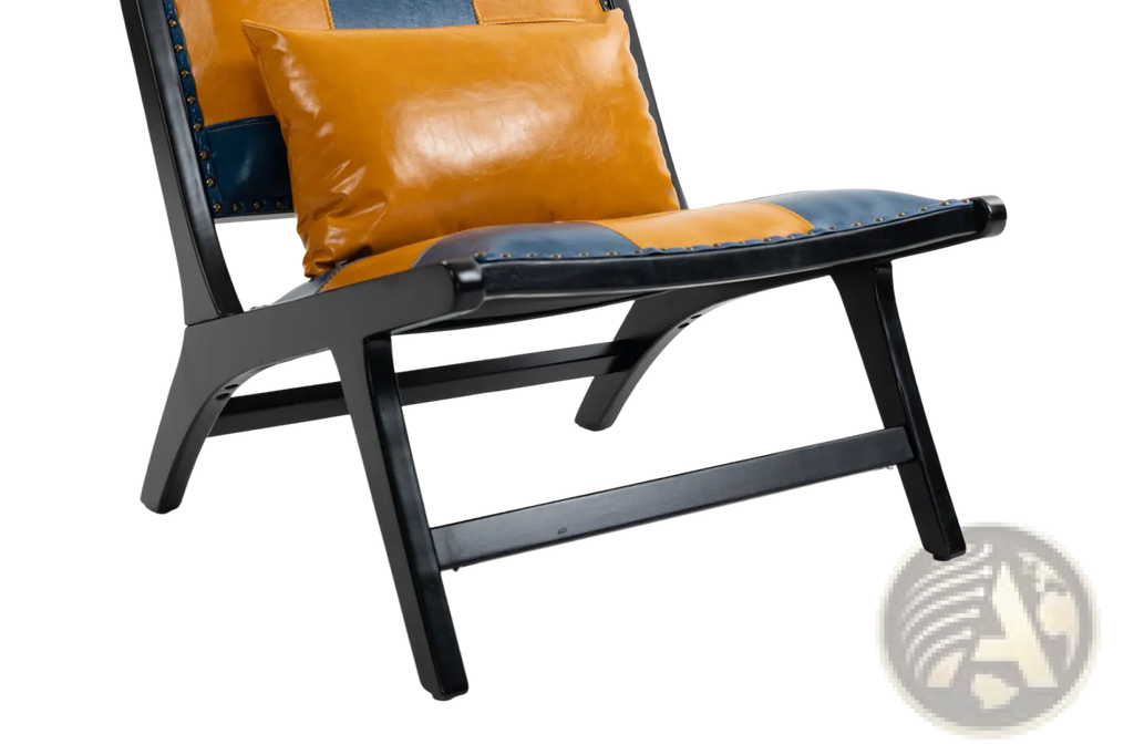 Modern boho accent lounge chair with black wooden frame patchwork orange and blue leather upholstery brass studs