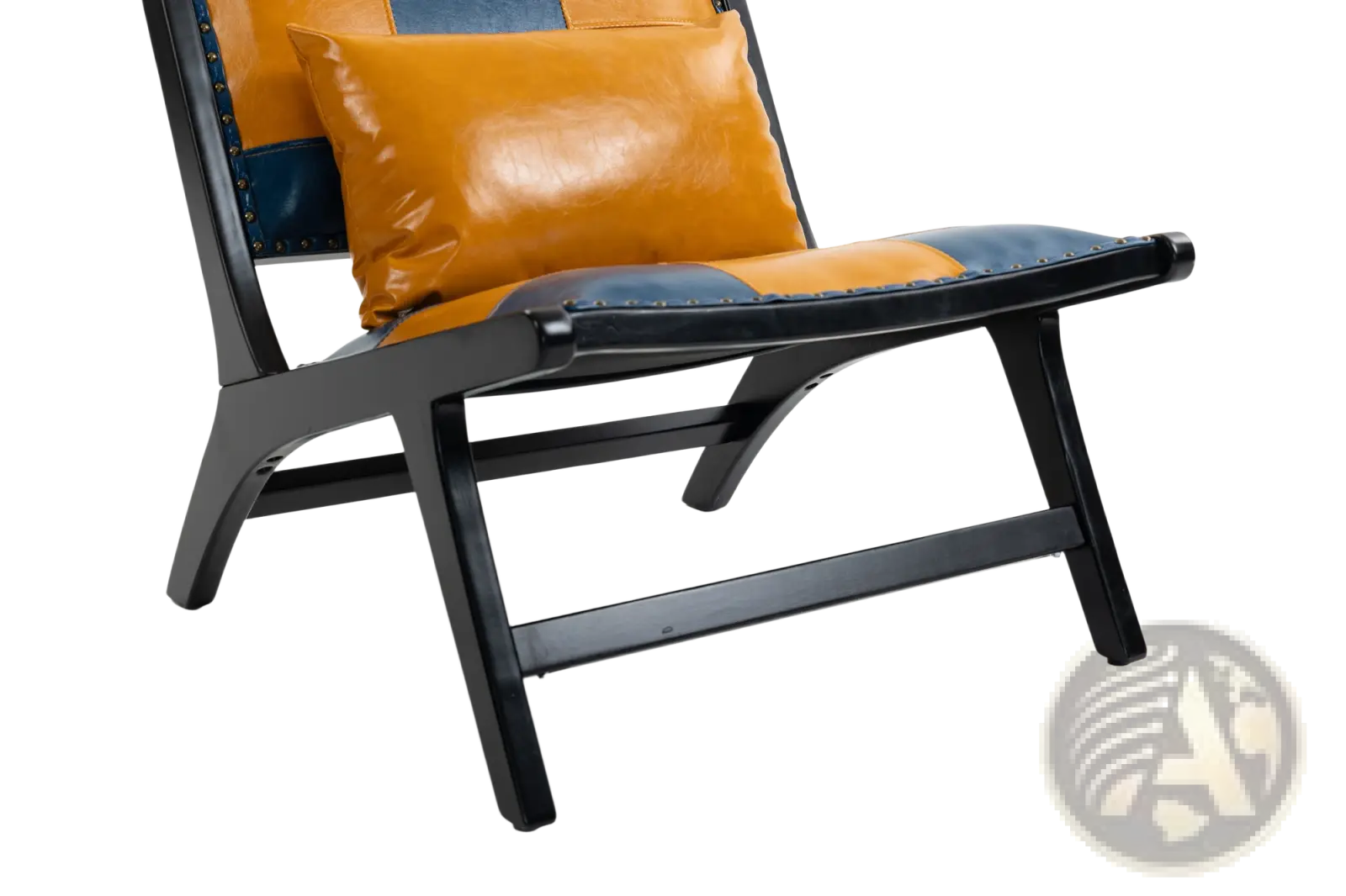 Modern boho accent lounge chair with black wooden frame patchwork orange and blue leather upholstery brass studs