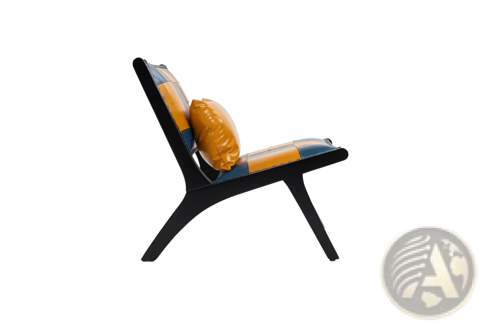 Modern boho accent chair with sleek black frame and vibrant orange and blue patchwork leather upholstery with orange cushion