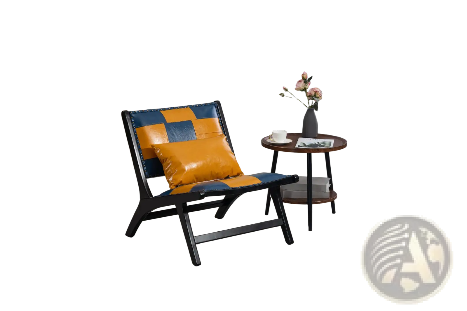 Modern boho accent lounge chair with bold patchwork design in vibrant orange and deep blue leather and black wood legs